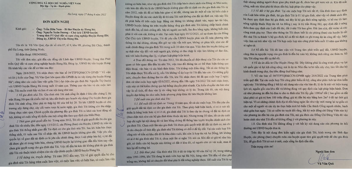 Ông Vũ Văn Quá gửi đơn kiến nghị tới lãnh đạo huyện Hưng Hà