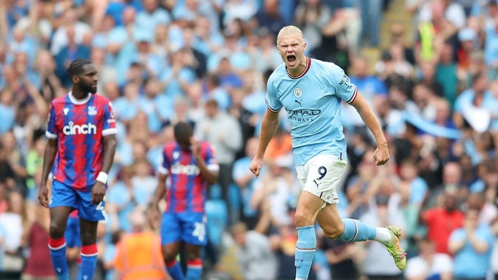 Erling Haaland lập cú đúp giúp Man City chiến thắng ngược. (Nguồn: Getty Images).