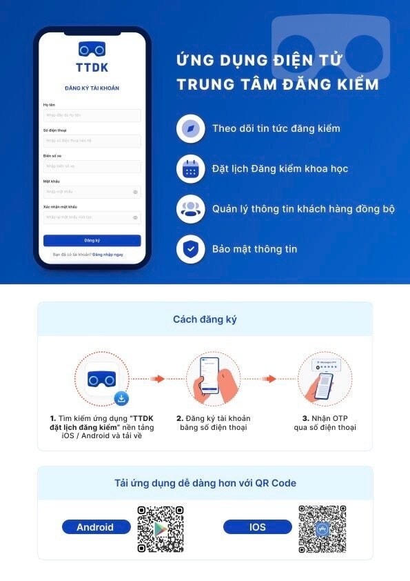Hướng dẫn đăng ký ứng dụng đặt lịch kiểm định xe trực tuyến. Ảnh: Cổng TTĐT Bộ GTVT. 