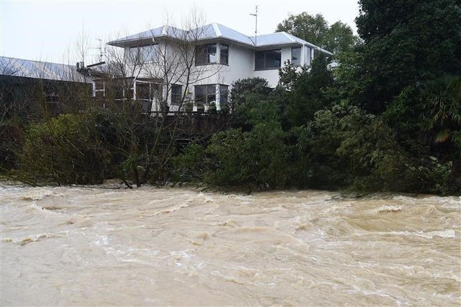 Mực nước sông Maitai ở Nelson, New Zealand, dâng cao do mưa lũ ngày 18/8/2022. (Ảnh: AFP/TTXVN).