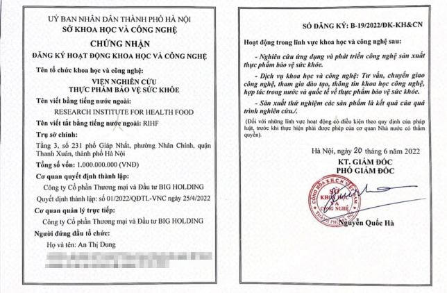Không tồn tại Viện Nghiên cứu bảo vệ sức khỏe quốc tế mà chỉ có Viện nghiên cứu Thực phẩm bảo vệ sức khỏe do bà An Thị Dung đứng tên.