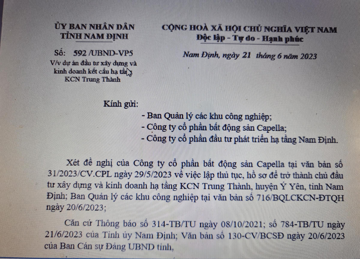 Văn bản đồng ý chủ trương được UBND tỉnh Nam Định ban hành hôm nay, 21/6.