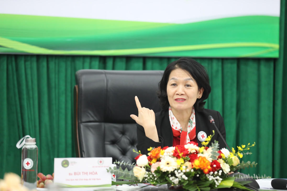 Bà Bùi Thị Hòa - Chủ tịch Hội Chữ thập đỏ Việt Nam trao đổi với báo chí.