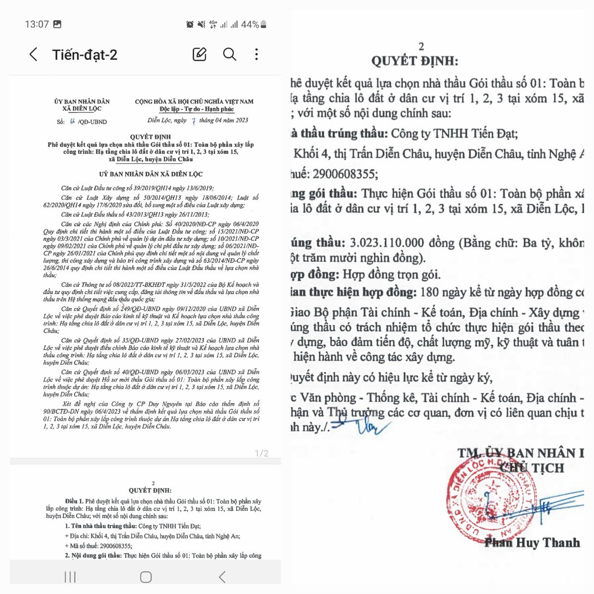 Trước đó, vào ngày 7/4 Công ty Tiến Đạt trúng gói thầu hơn 3 tỷ đồng tại xã Diễn Lộc, huyện Diễn Châu.