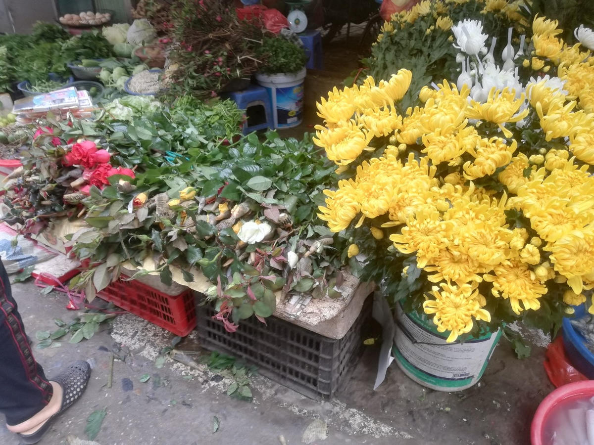 Các loại hoa cúc, cành đào nhỏ, hoa hồng được bày bán rất sôi động.