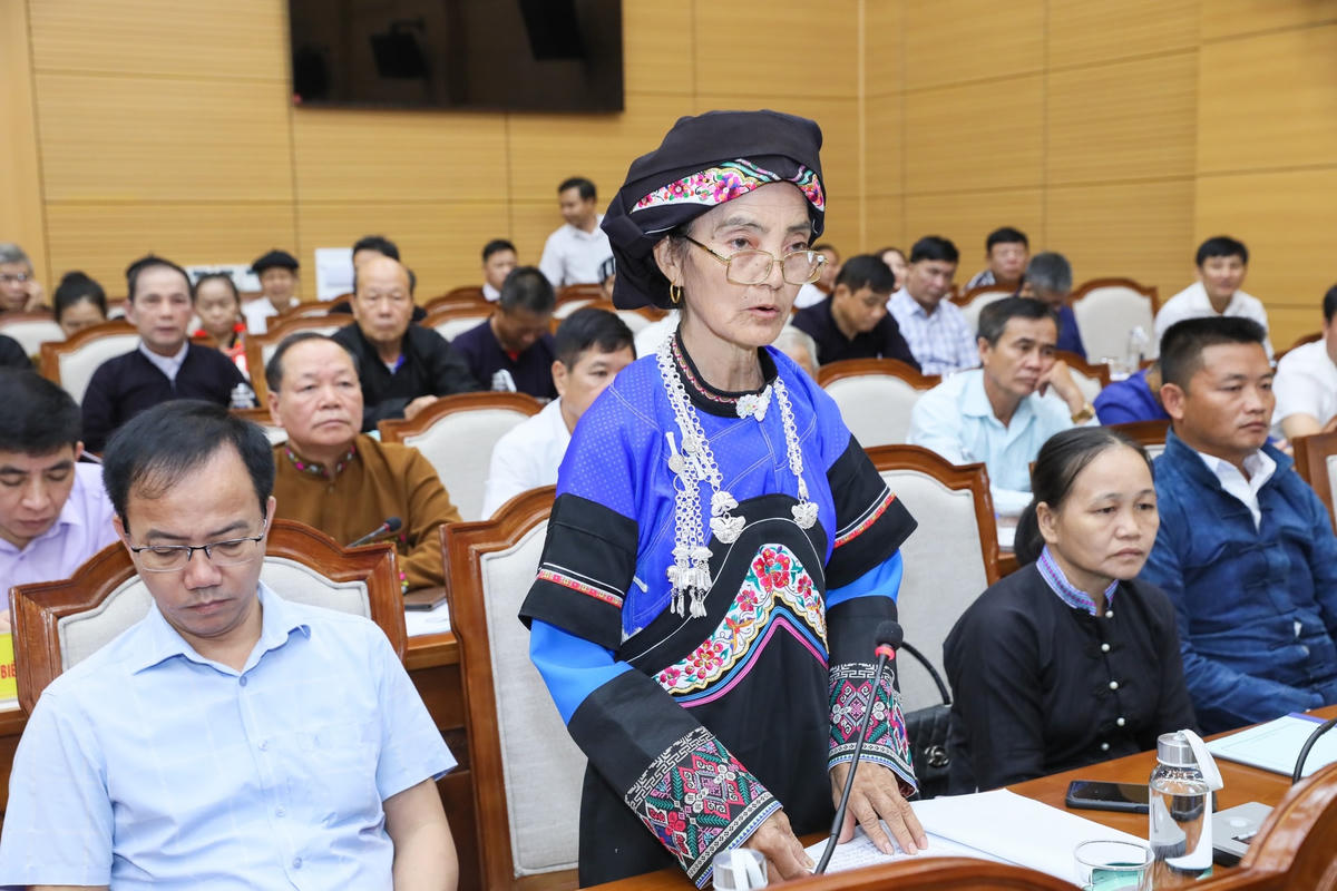 Bà Lồ Lài Sửu, Nghệ nhân ưu tú dân tộc Bố Y thôn Lao Hầu, xã Thanh Bình, huyện Mường Khương, tỉnh Lào Cai phát biểu tại Hội nghị.