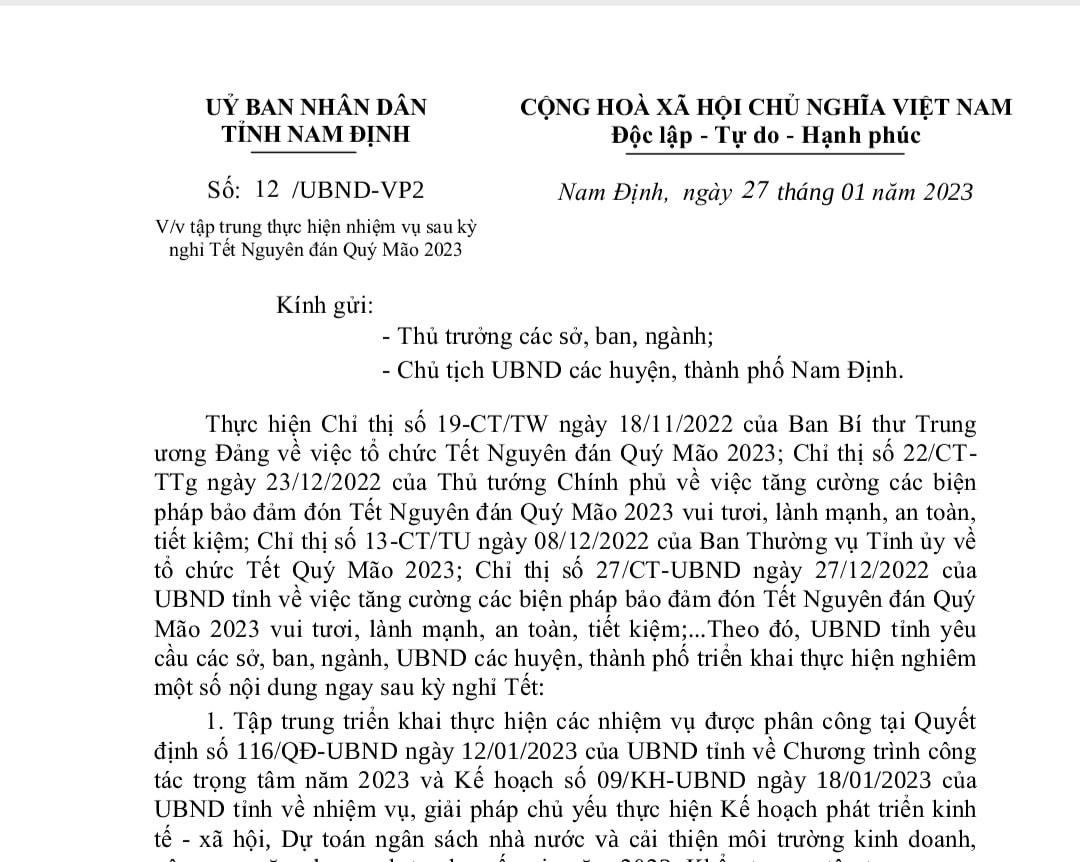Văn bản chỉ đạo của UBND tỉnh Nam Định, được phát đi ngay trong ngày đầu trở lại làm việc sau kỳ nghỉ Tết.
