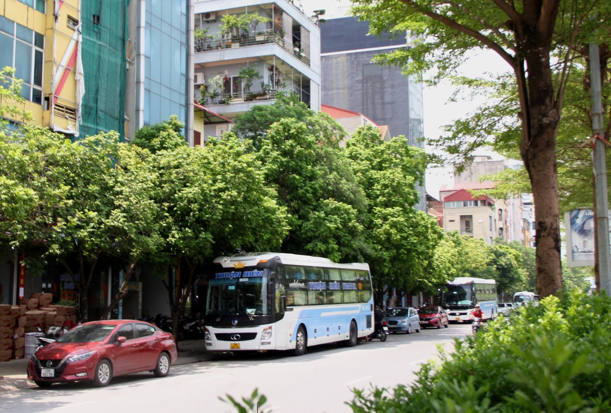 Xe ô tô khách xếp hàng dài đỗ dưới lòng đường Trần Vỹ bốc xếp hàng hóa.