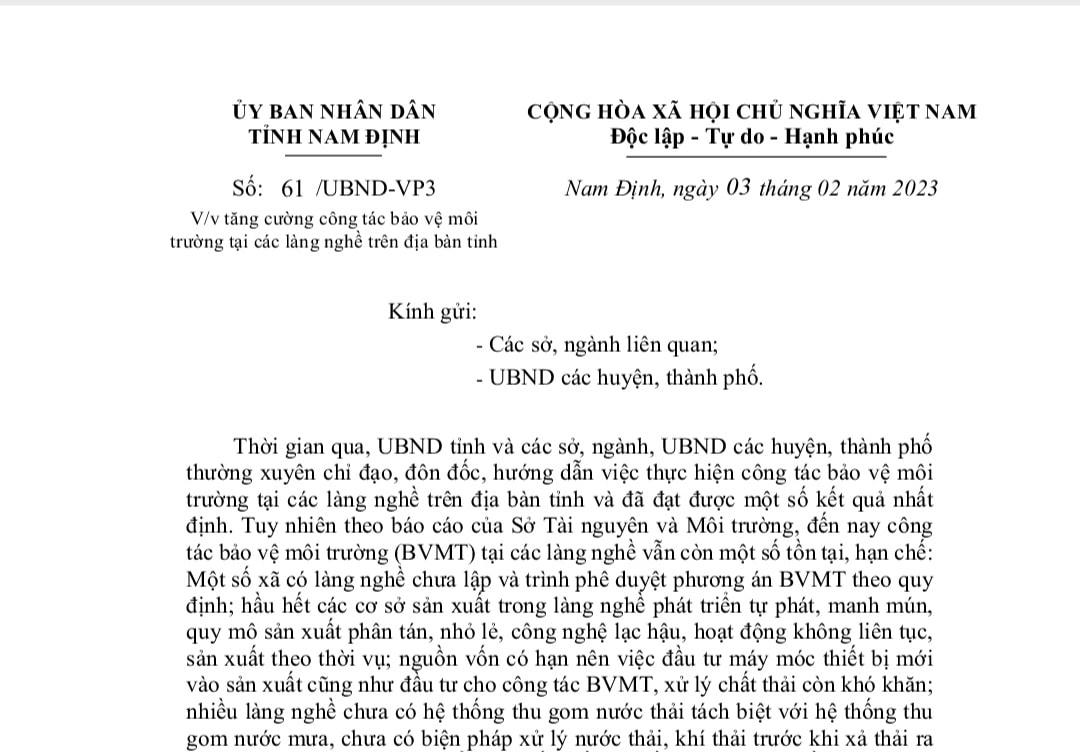 Văn bản chỉ đạo của UBND tỉnh Nam Định, phát đi hôm nay, 3/2.