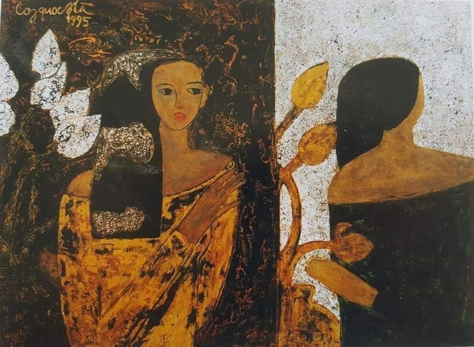 Tác phẩm “Trước gương” (Sơn mài, 90x120cm) của họa sĩ Công Quốc Hà sáng tác năm 1995.  