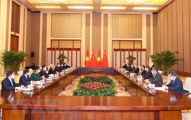 Tổng Bí thư Nguyễn Phú Trọng hội kiến Thủ tướng Trung Quốc Lý Khắc Cường. (Ảnh: Trí Dũng/TTXVN).
