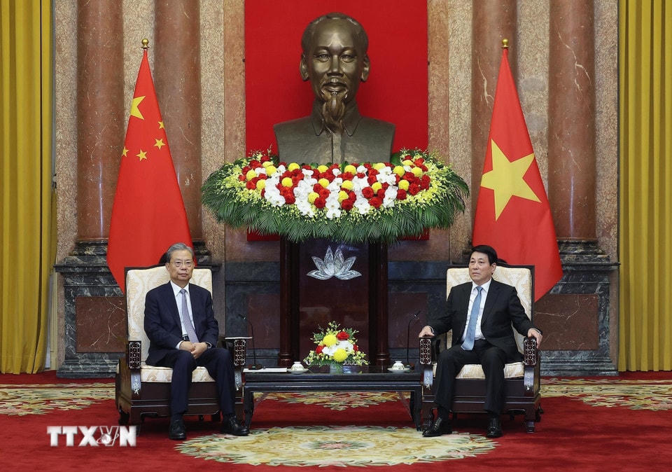 Chủ tịch nước Lương Cường tiếp Ủy viên trưởng Nhân đại toàn quốc Trung Quốc Triệu Lạc Tế. (Ảnh: Lâm Khánh/TTXVN)