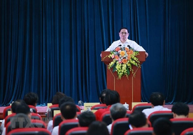 Thủ tướng Phạm Minh Chính phát biểu chỉ đạo tại buổi làm việc với Hội Nhà báo Việt Nam. (Ảnh: Dương Giang/TTXVN).