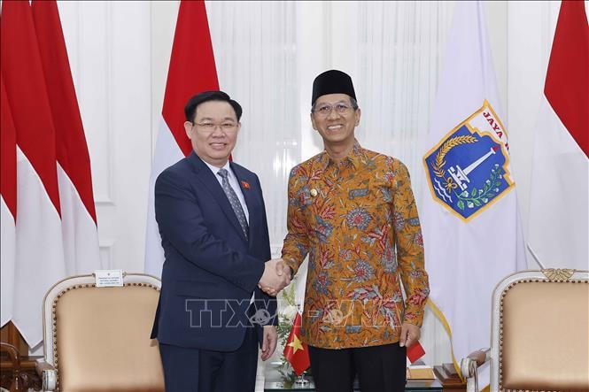 Chủ tịch Quốc hội Vương Đình Huệ tiếp Thống đốc Đặc khu Thủ đô Jakarta Heru Budi Hartono. Ảnh: TTXVN.