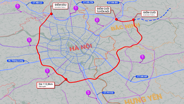  Dự án đường Vành đai 4 - Vùng Thủ đô đoạn trên địa bàn TP Hà Nội dài khoảng 59,2km, đi qua 7 quận, huyện.