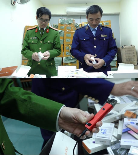 Lực lượng chức năng thu giữ các sản phẩm thuốc lá điện tử không có hóa đơn chứng từ. Ảnh: CATP Hà Nội.
