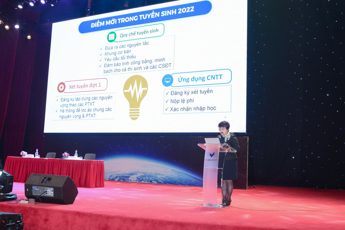 PGS.TS Nguyễn Thu Thuỷ - Vụ trưởng Vụ Giáo dục Đại học, Bộ GDĐT báo cáo tại Hội nghị.