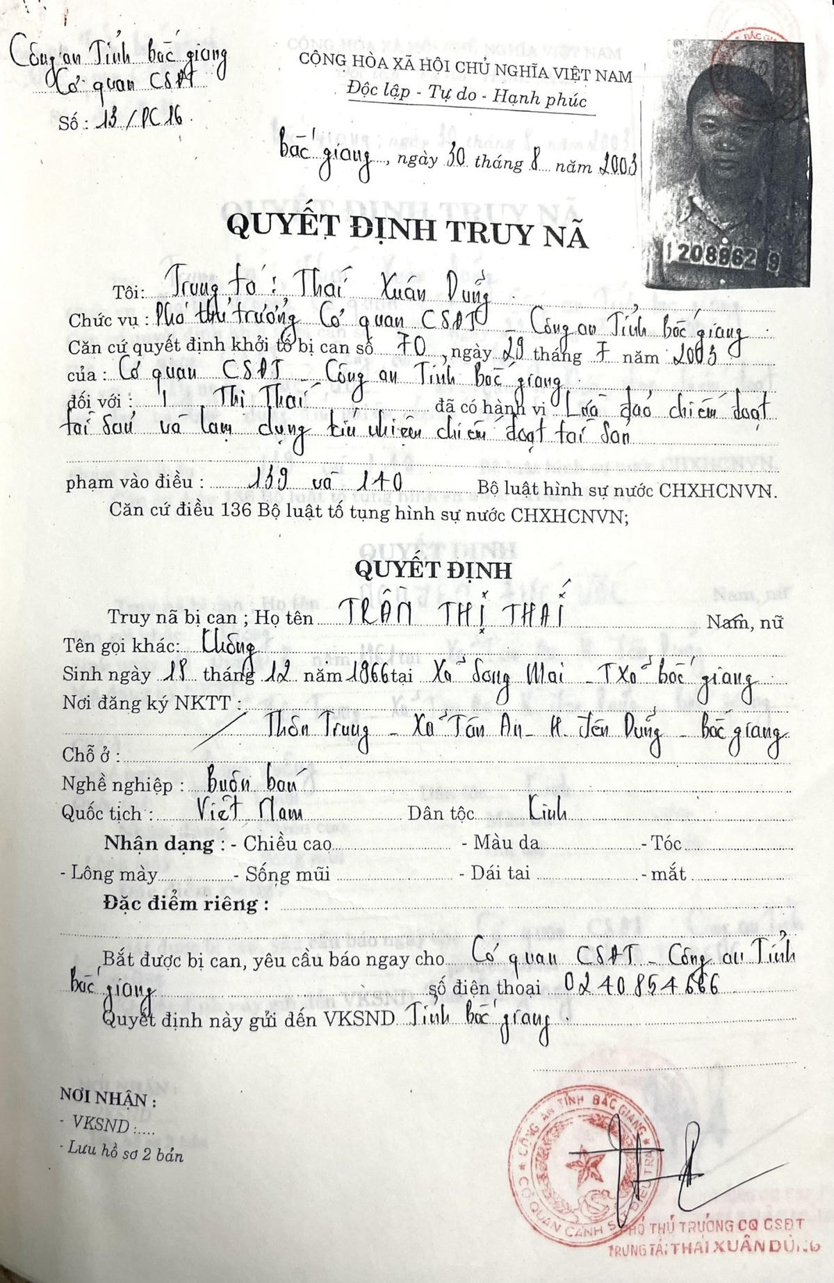 Quyết định truy nã đối với bị can Trần Thị Thái. Ảnh: Công an tỉnh Bắc Giang.