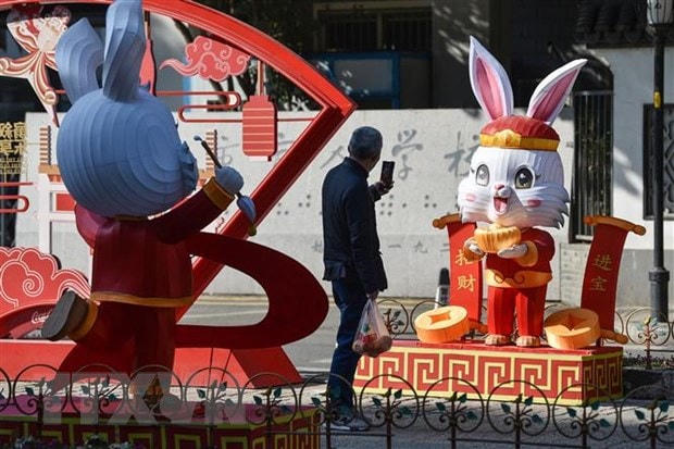 Trưng bày đèn lồng chào đón Năm mới tại Nam Kinh, tỉnh Giang Tô, Trung Quốc. Ảnh: AFP/ TTXVN.