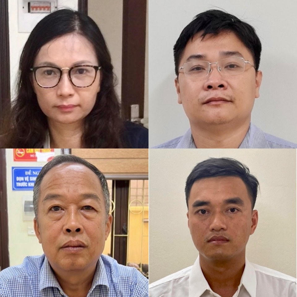  Từ trên xuống dưới, từ trái sang, các bị can: Nguyễn Mai Anh, Ngô Quang Tuấn,Trần Văn Dự, Vũ Sỹ Cường.