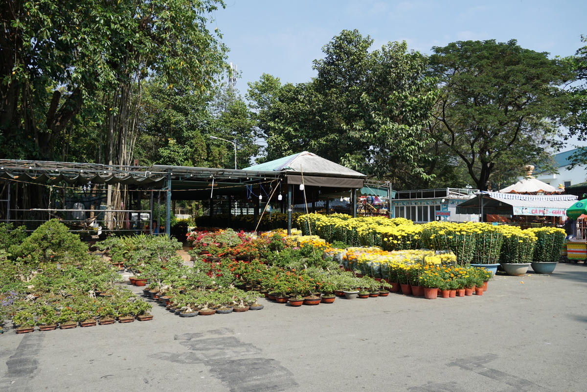 Nhiều gian hàng hoa Tết vắng bóng người mua. Ảnh: Mạnh Thìn.