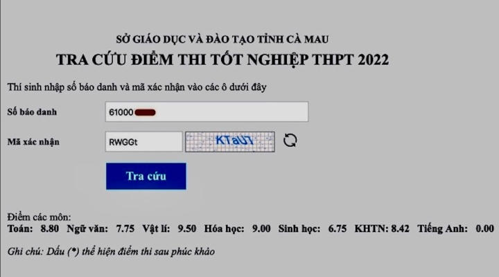 Điểm thi của thí sinh T.