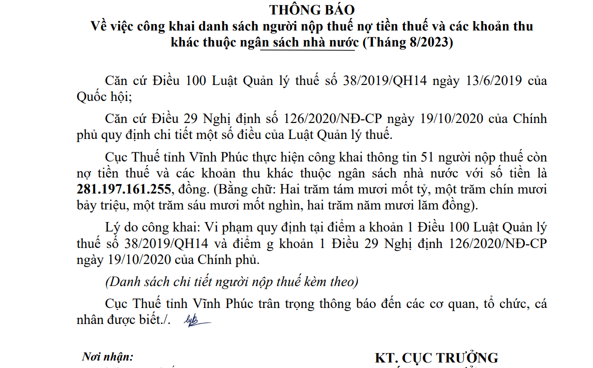 Cục thuế tỉnh Vĩnh Phúc thông báo công khai các doanh nghiệp nợ thuế.