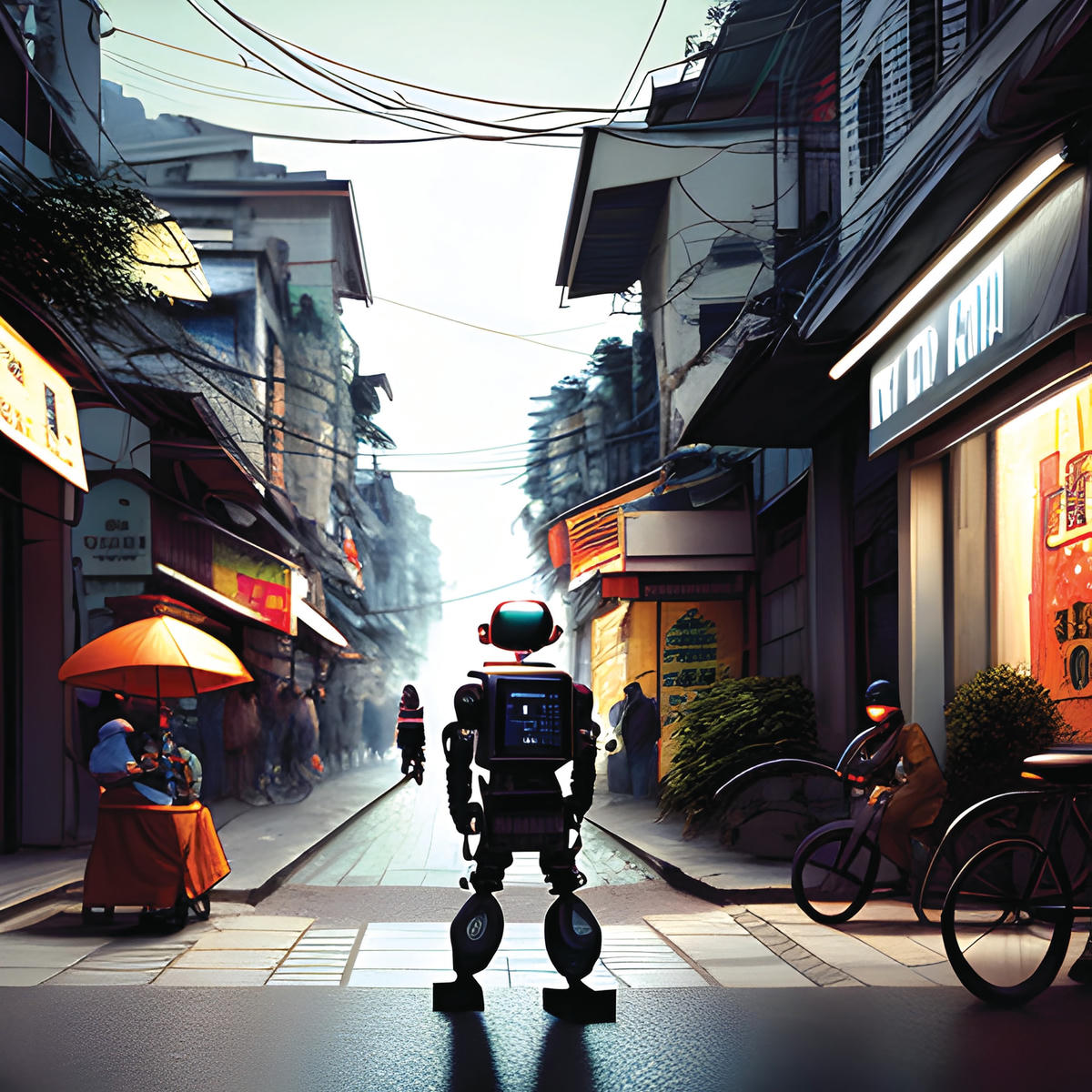 Một bức ảnh phóng viên robot tác nghiệp đường phố do AI sáng tác.