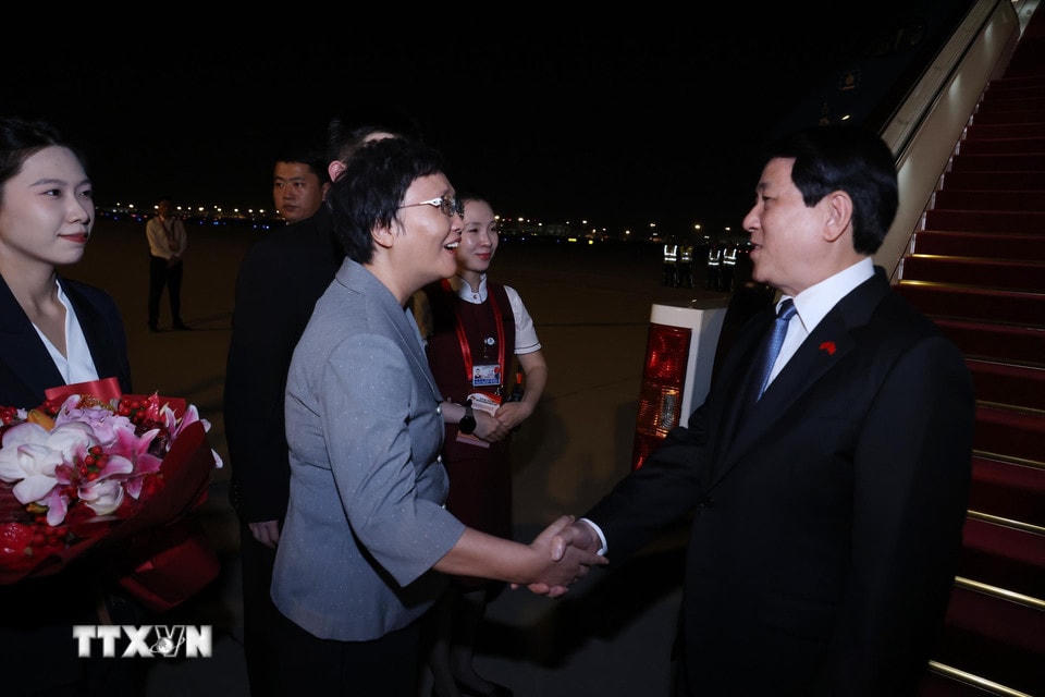 Bộ trưởng Bộ Nhân lực và An sinh xã hội Trung Quốc Vương Hiểu Bình đón Chủ tịch nước Lương Cường tại sân bay Bắc Kinh. (Ảnh: Lâm Khánh/TTXVN)