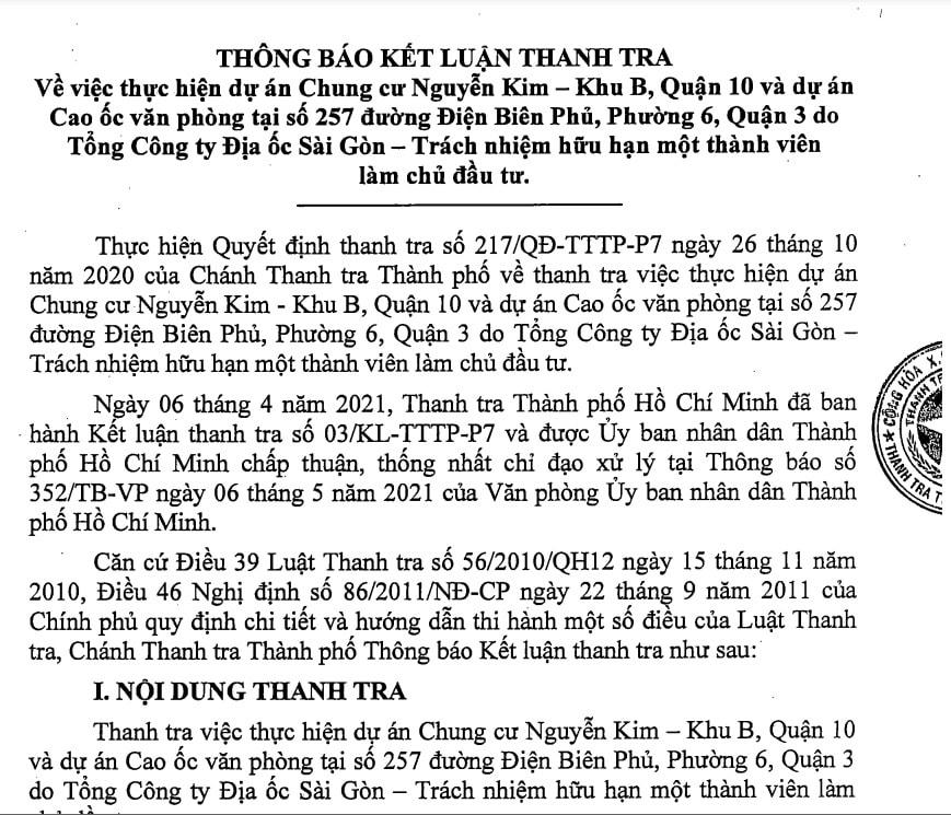 Thanh tra TP HCM kết luận thanh tra việc thực hiện Dự án Chung cư Nguyễn Kim - Khu B (Quận 10, TP HCM) và Dự án Cao ốc văn phòng tại số 257 đường Điện Biên Phủ (Phường 6, Quận 3, TP HCM) của RESCO.