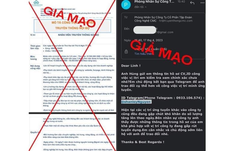Các đối tượng xấu giả mạo thông tin tuyển dụng của những tập đoàn lớn để lừa đảo, chiếm đoạt tài sản. 