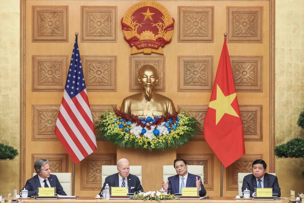 Thủ tướng Phạm Minh Chính và Tổng thống Hoa Kỳ Joe Biden tham dự "Hội nghị cấp cao Việt Nam - Hoa Kỳ về đầu tư và đổi mới sáng tạo". Ảnh: Quang Vinh.