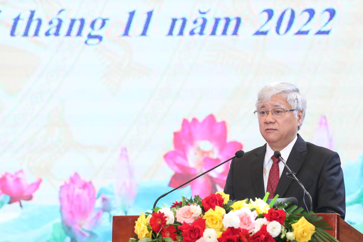Chủ tịch UBTƯ MTTQ Việt Nam Đỗ Văn Chiến phát biểu tại Hội nghị. Ảnh: Quang Vinh.