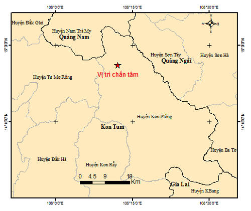 5 trận động đất liên tiếp xảy ra tại huyện Kon Plông, tỉnh Kon Tum. Ảnh Viện Vật lý Địa cầu.  