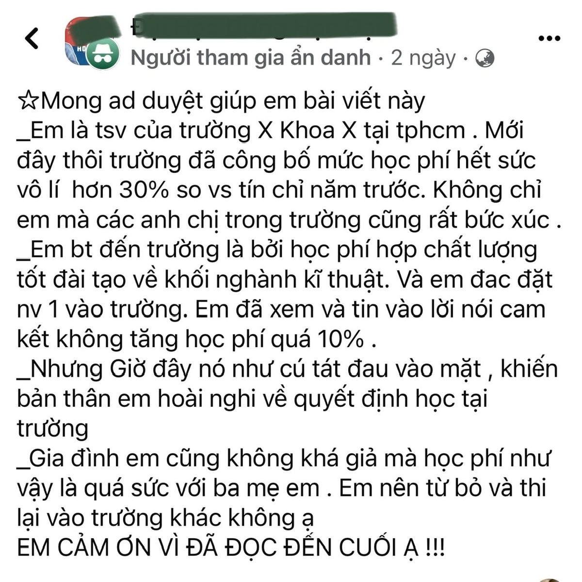 Một thí sinh than phiền về học phí đại học trên một diễn đàn mạng xã hội.
