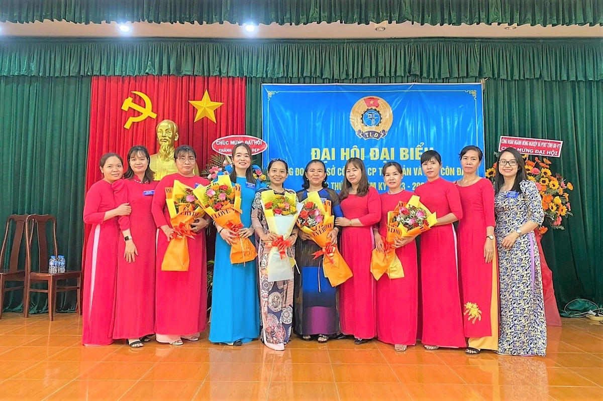 Chị Hoàng Thị Mến (người thứ 2 từ trái sang) tại Đại hội công đoàn của Công ty.