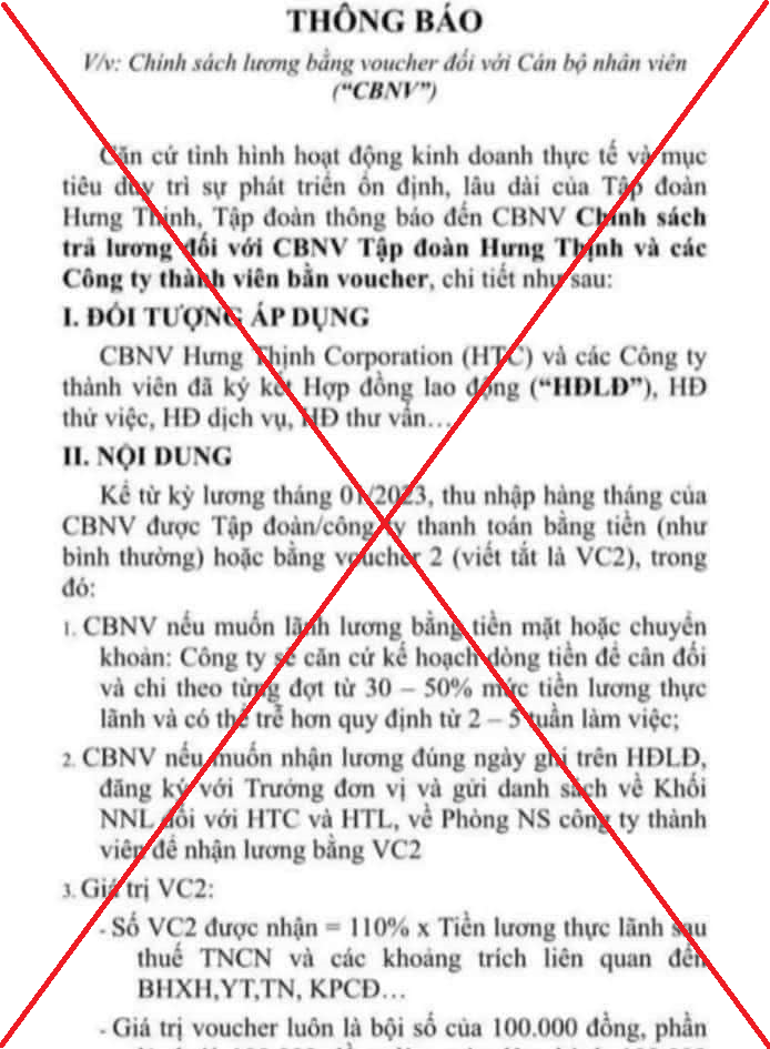 Văn bản thông báo có nội dung thay đổi chính sách trả lương đối với cán bộ nhân viên của Tập đoàn Hưng Thịnh và các công ty thành viên bằng voucher. Ảnh: Internet.