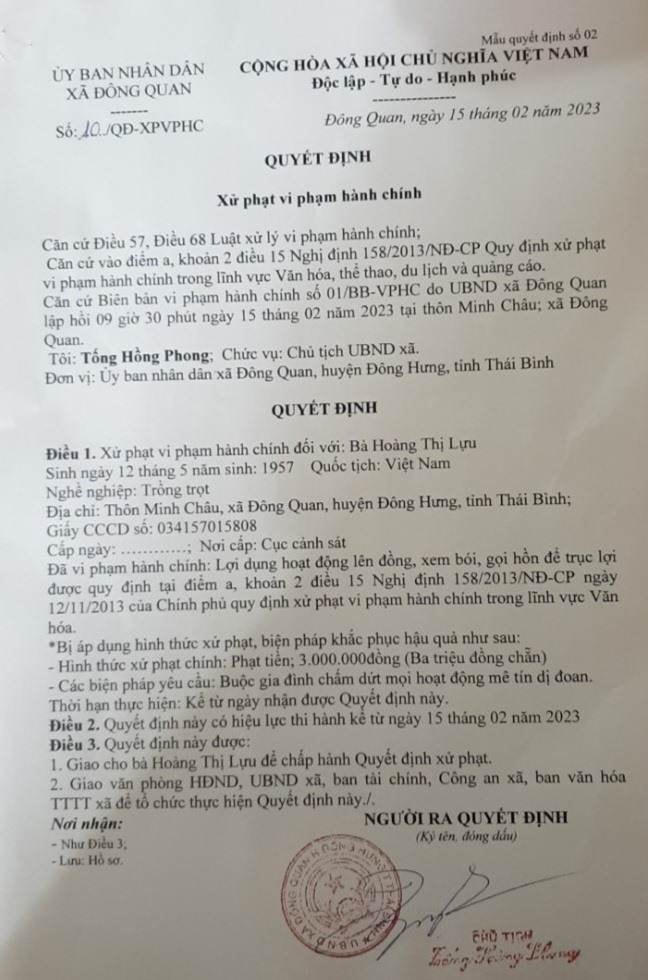 Quyết định xử phạt của chính quyền xã Đông Quan.