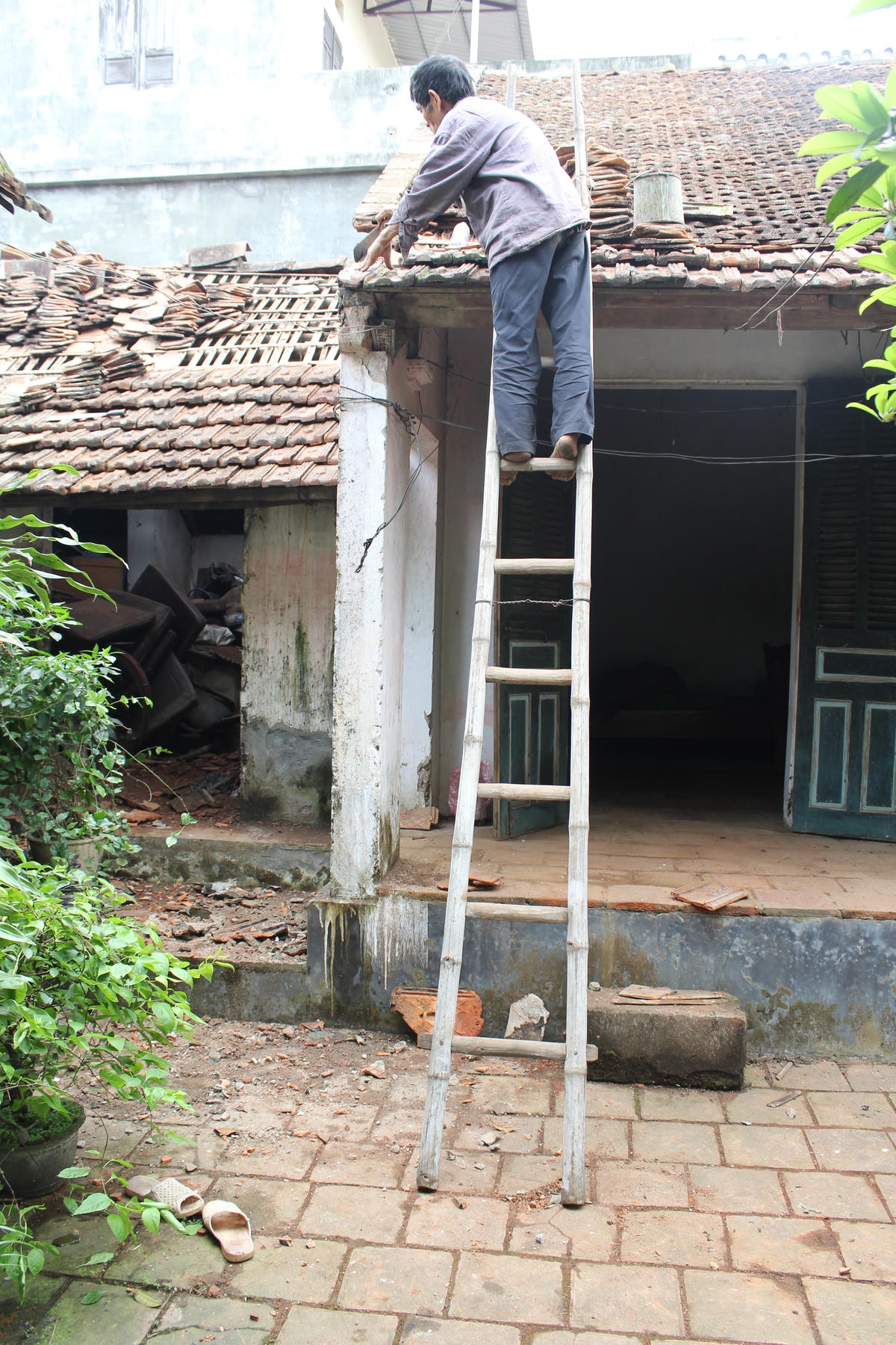 Thường chỉ những người thợ già mới nhận làm công việc lợp, đảo mái ngói những ngôi nhà cũ ở làng quê.  