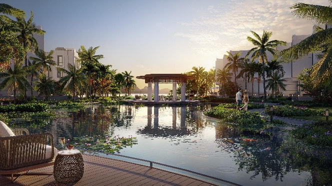 Lagoon Residences sở hữu hồ cá koi và hồ bơi lớn tựa như hai viên ngọc quý bên vịnh biển bao la.