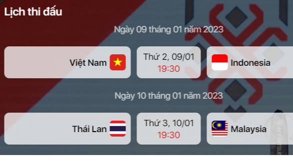 Lịch thi đấu bán kết lượt về AFF Cup 2022.  