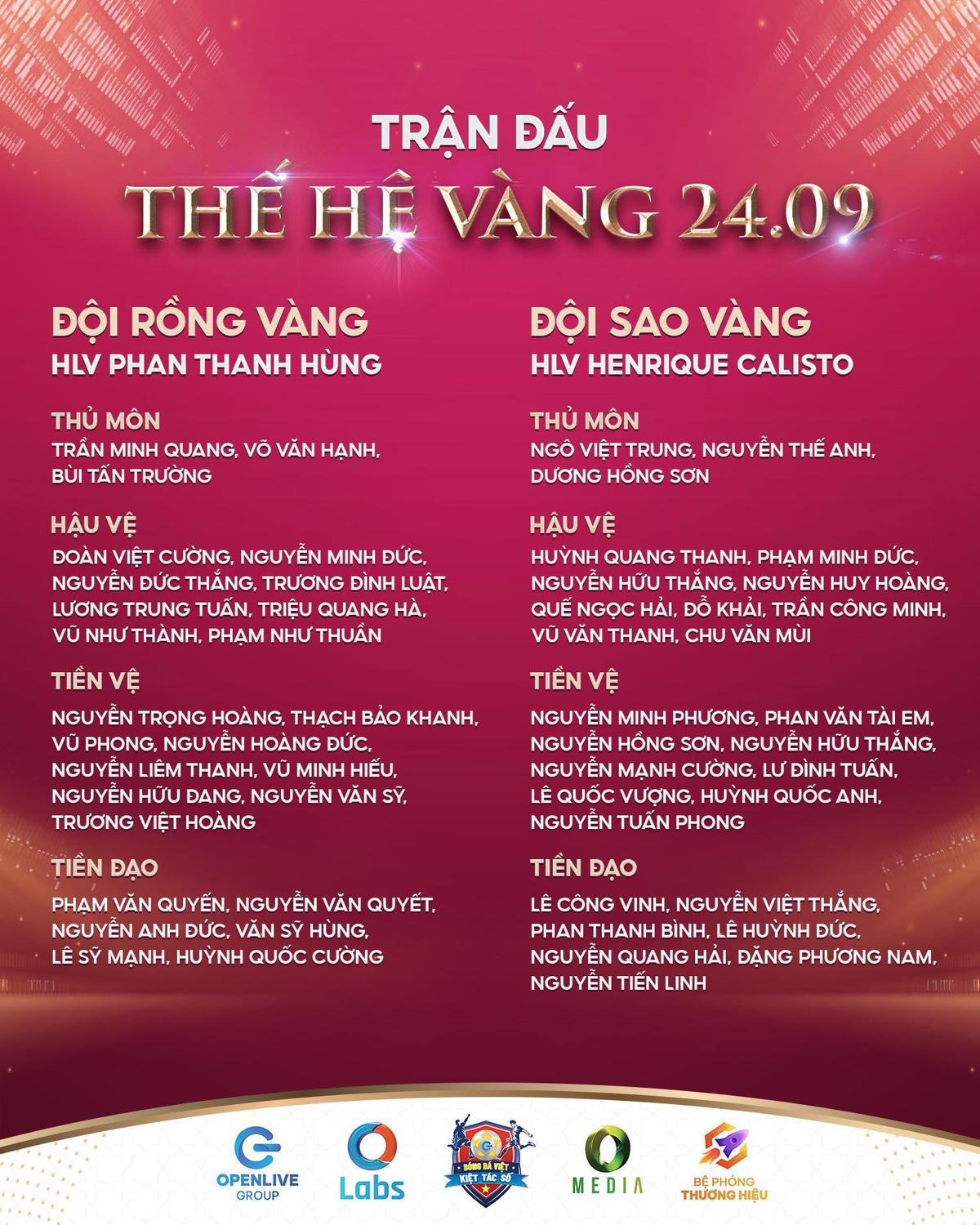 Danh sách 2 đội Thế hệ vàng Việt Nam sẽ đá giao hữu trên sân Thống Nhất ngày 24/9. Ảnh: BTC.