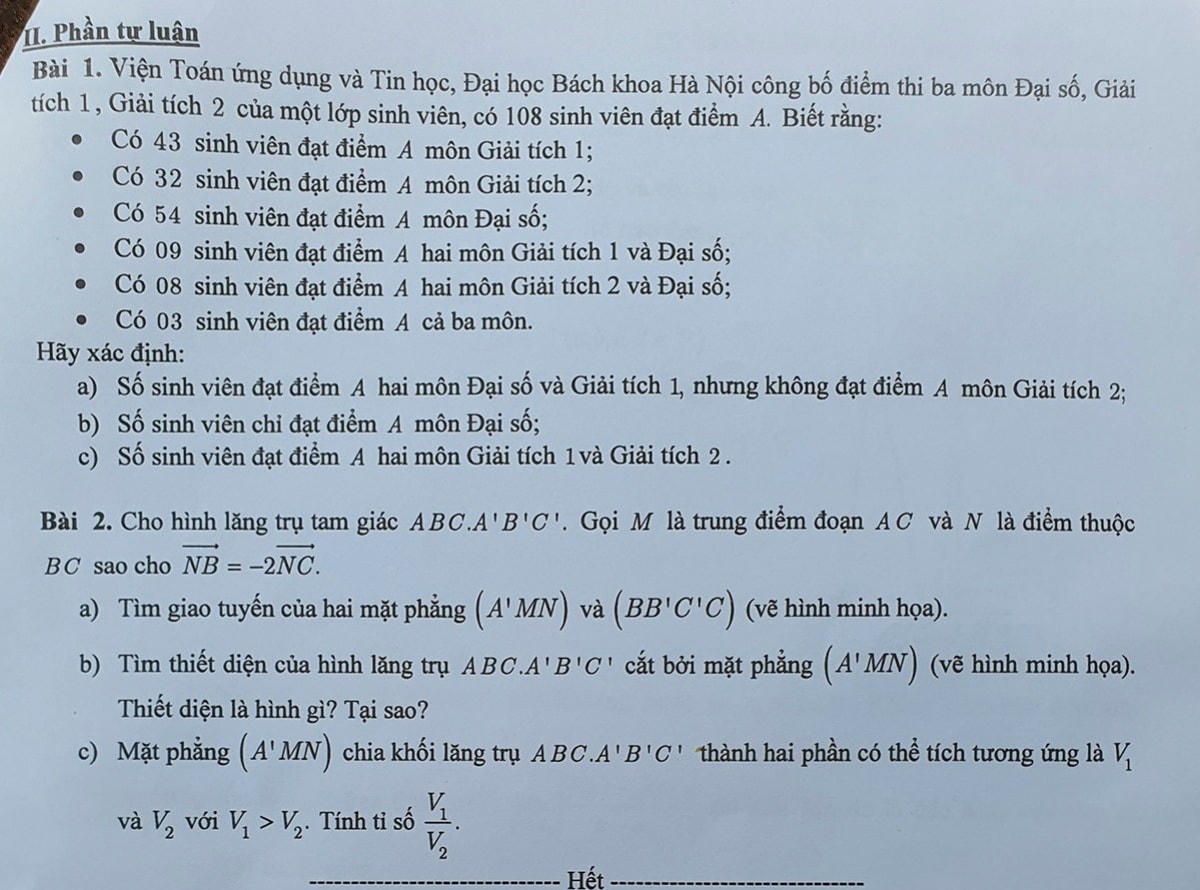 Phần tự luận mã đề 102, đề Toán đánh giá tư duy.