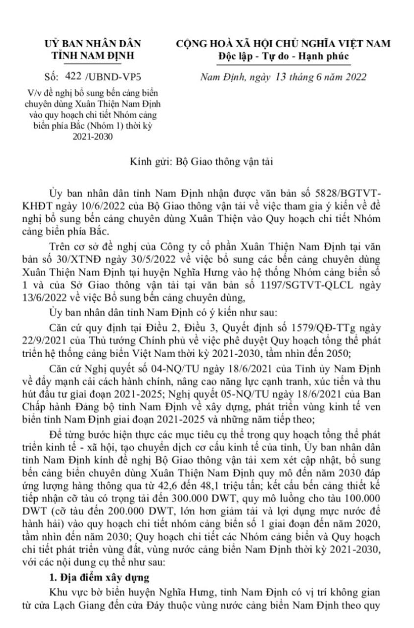 Văn bản UBND tỉnh Nam Định gửi Bộ Giao thông Vận tải.