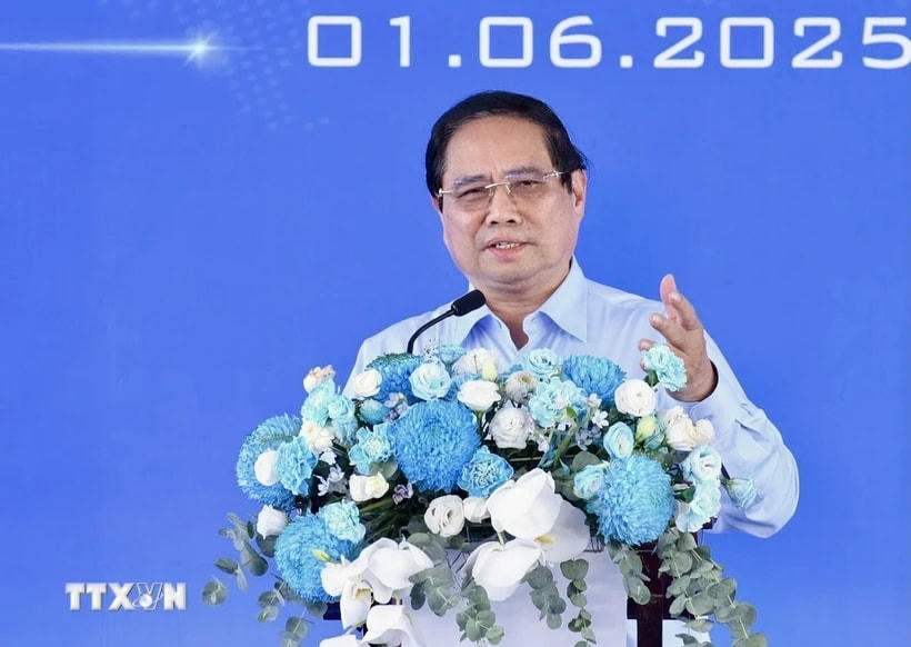 Thủ tướng Phạm Minh Chính phát biểu tại Lễ khởi công dự án Tổ hợp Không gian sáng tạo CMC tại Hà Nội. (Ảnh: Dương Giang/TTXVN)