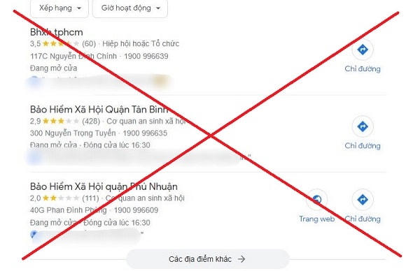 Một số thông tin liên hệ của BHXH quận trên địa bàn TP Hồ Chí Minh bị chỉnh sửa thông tin liên hệ. Ảnh: Cổng TTĐT Bảo hiểm Xã hội Việt Nam.