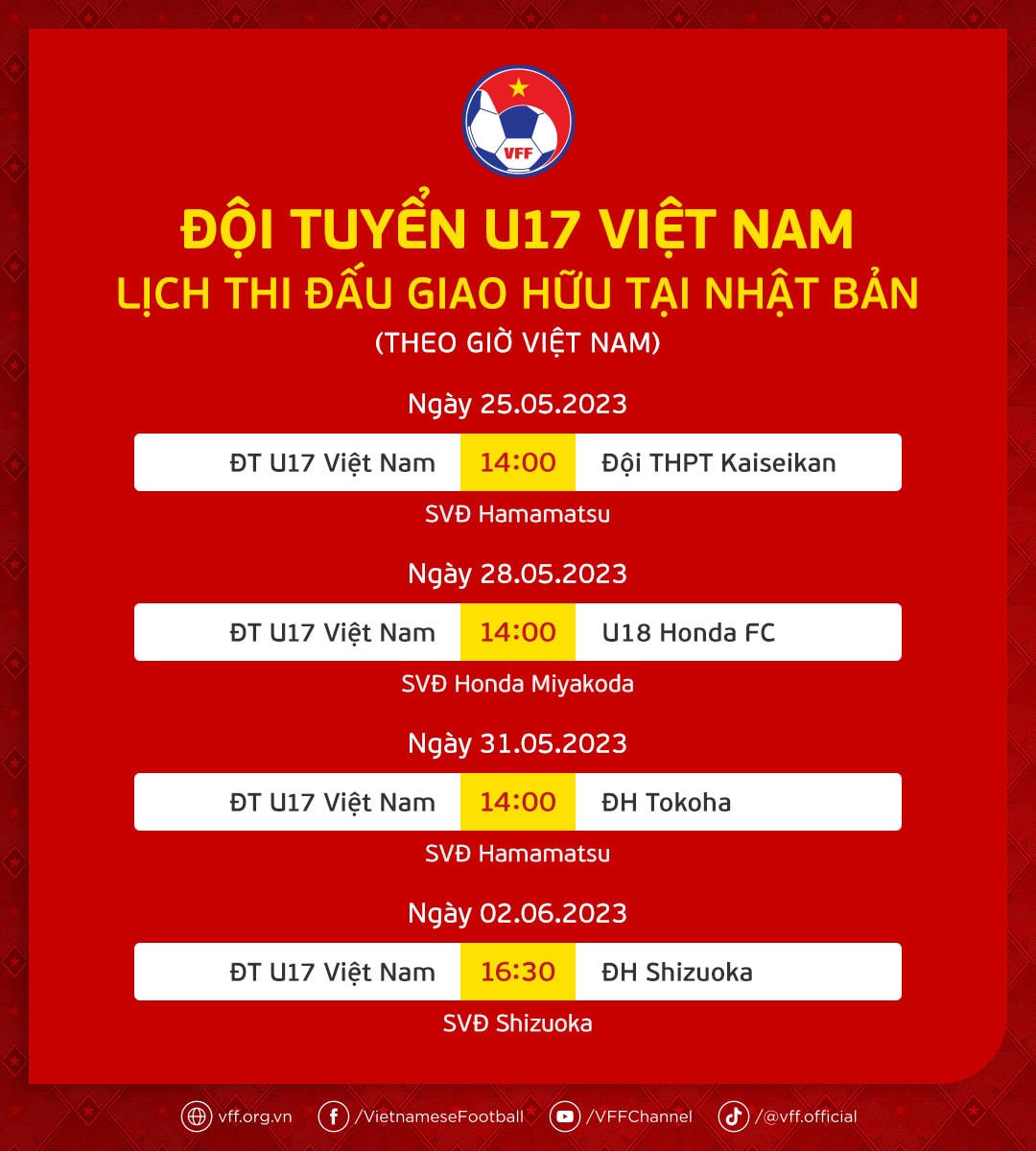 Lịch thi đấu giao hữu của ĐT U17 Việt Nam.