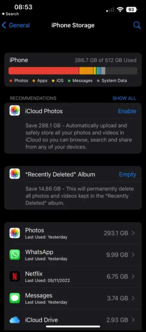 Vào mục iPhone Storage để thấy bao nhiêu dữ liệu mà iPhone của bạn đang lưu trữ. Ảnh: The Sun.  