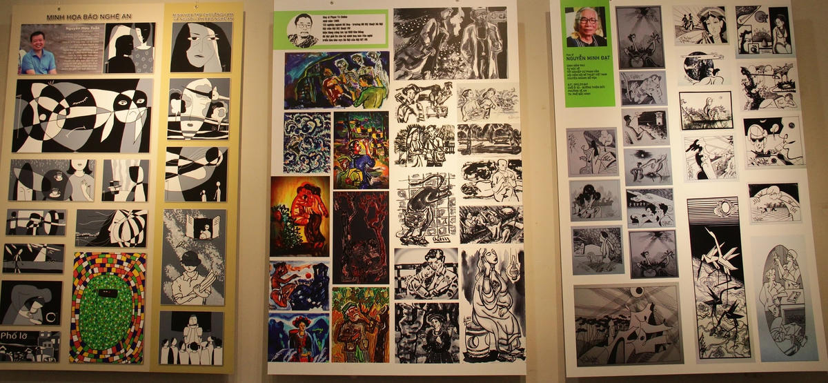 Một số tác phẩm minh họa trên báo chí trưng bày tại triển lãm “Nghệ thuật minh họa báo chí, xuất bản Việt Nam 2023”.