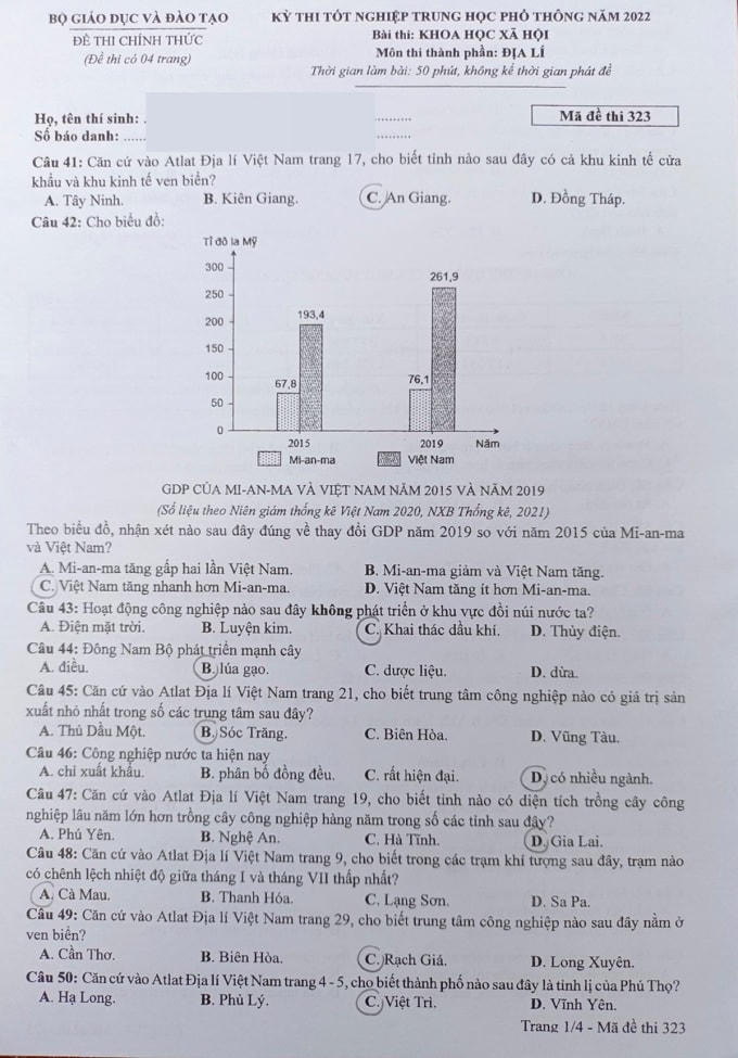Đề thi môn Địa lý, mà đề thi 323.